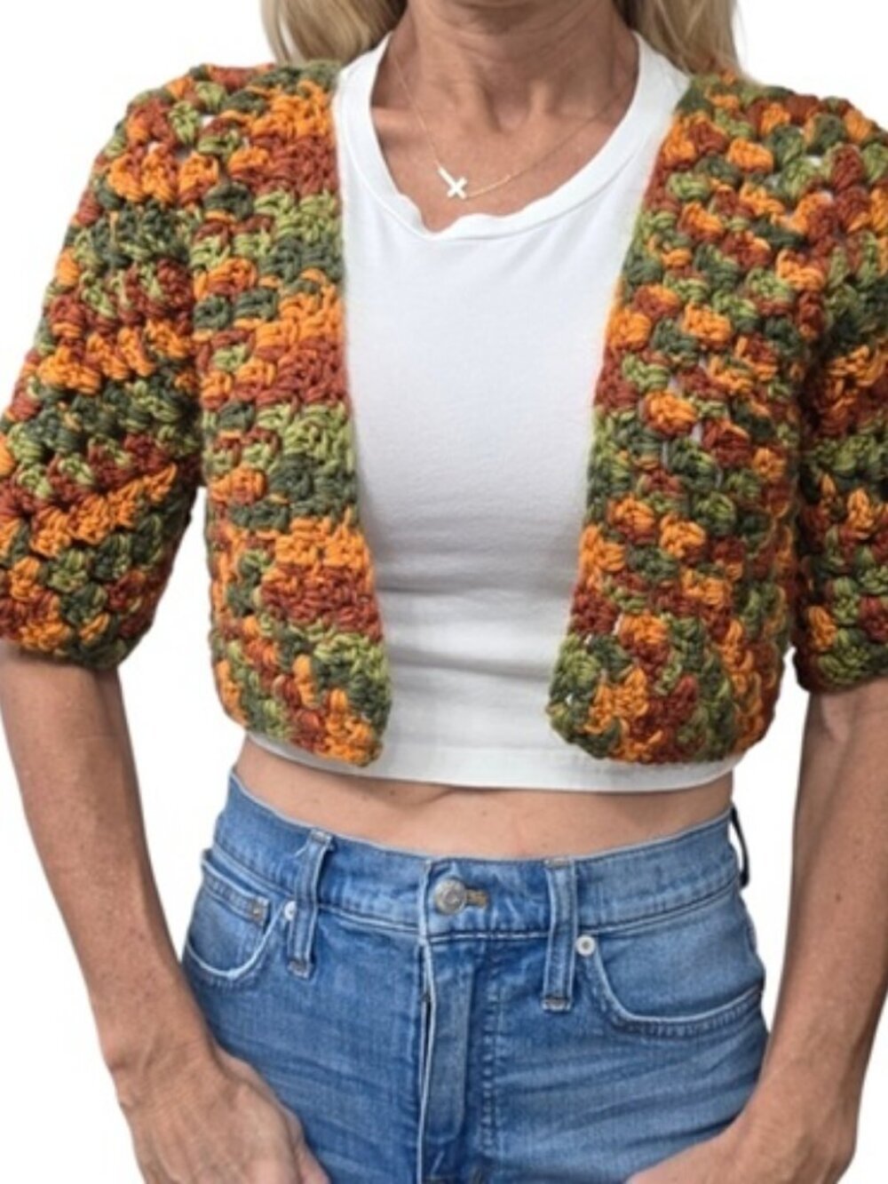 Handmade Crochet Cropped Bolero Shrug Earth Tone Orange Olive Chunky Knit